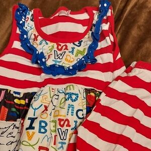 Red and White Striped Capri Set with Colorful Alphabet Print